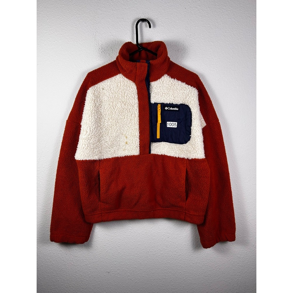 Columbia Sherpa Fleece Pullover Orange Cream Colorblock Quarter Snap Womens M